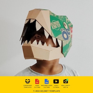 Mall för T-Rex-kartonghjälm, gör-det-själv-kostymmönster för cosplay (PDF, SVG)