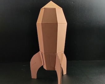 Simple cardboard retro rocket with three fins Template. DIY Printable Pattern for creating Classic rocket with three fins for cardboard.