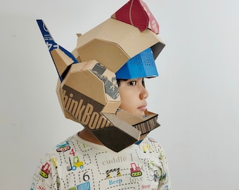 Cardboard robot helmet Template. DIY Printable Pattern for creating robot helmet with retractable visor from corrugated cardboard