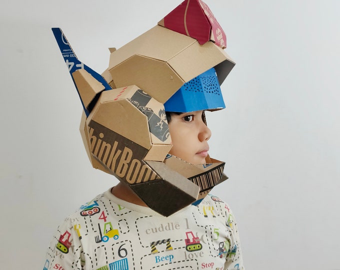 Cardboard robot helmet Template. DIY Printable Pattern for creating robot helmet with retractable visor from corrugated cardboard