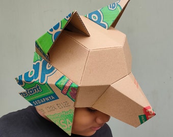 Cardboard Wolf Hat Template. Half face wolf head helmet . DIY Printable Pattern for creating Wolf Hat from corrugated cardboard