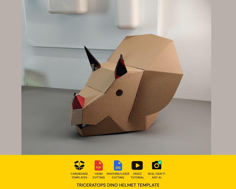 Triceratops Dino Helmet Cardboard Template | DIY Costume and Festivals Pattern | resizable SVG PDF image 1