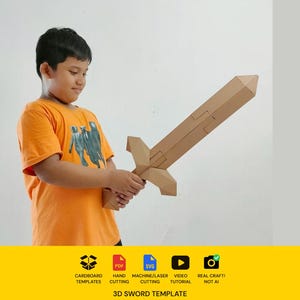 May include: A brown cardboard sword with a geometric design. Below the sword, a yellow banner displays the text: CARDBOARD TEMPLATES, PDF, SVG, VIDEO TUTORIAL, REAL CRAFT! NOT AI, and 3D SWORD TEMPLATE, featuring icons for each category.
