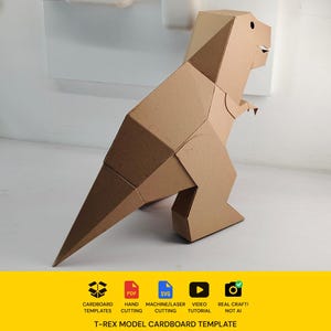 May include: A brown cardboard T-Rex model featuring geometric panels. Below the model, text reads: CARDBOARD TEMPLATES, PDF, HAND CUTTING, SVG, MACHINE/LASER CUTTING, VIDEO TUTORIAL, REAL CRAFT! NOT AI, and T-REX MODEL CARDBOARD TEMPLATE.