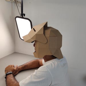 May include: A person wearing a brown cardboard dog mask, seated at a table. The mask is constructed from geometric shapes, with a cutout for the eyes. The person is wearing a white t-shirt. A bright light is positioned above the person.