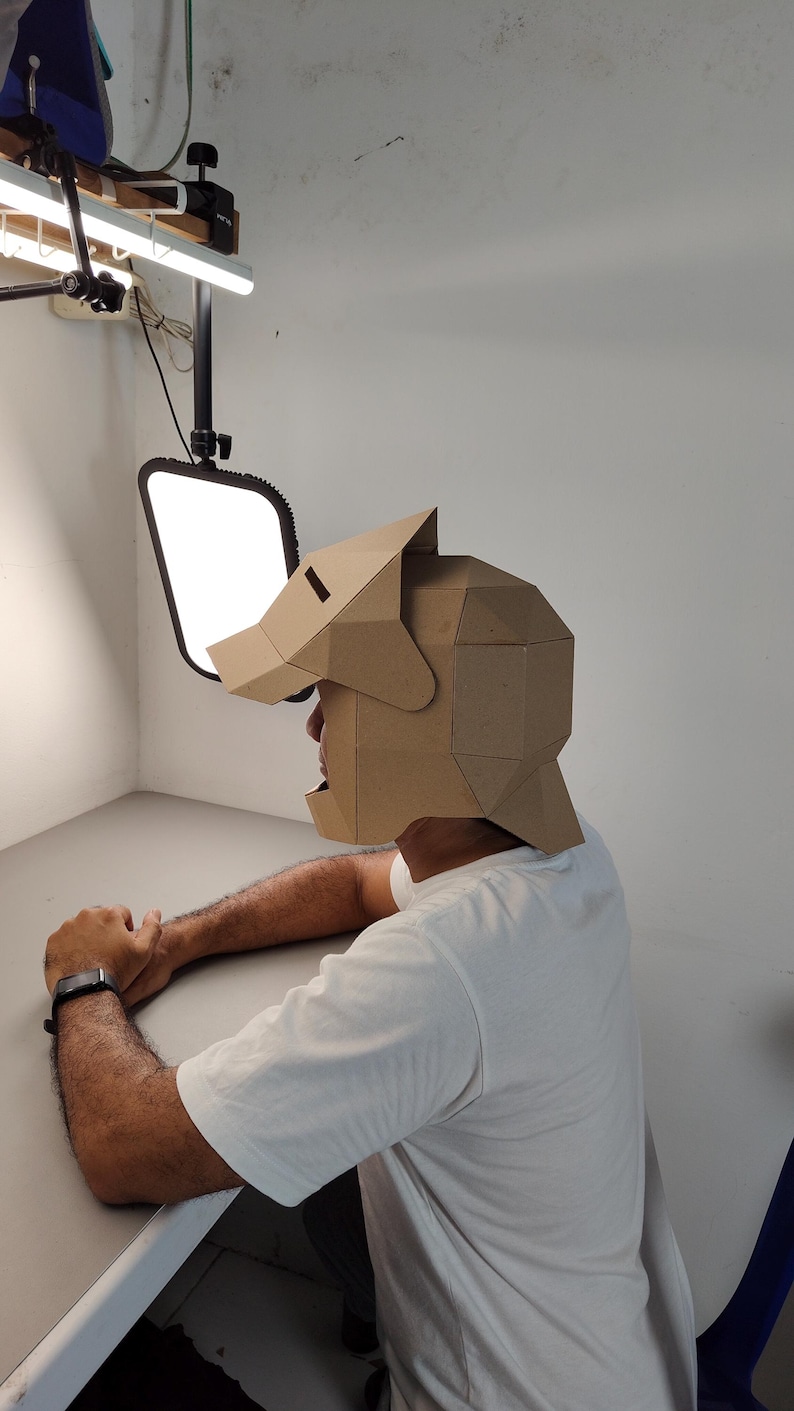 May include: A person wearing a brown cardboard dog mask, seated at a table. The mask is constructed from geometric shapes, with a cutout for the eyes. The person is wearing a white t-shirt. A bright light is positioned above the person.