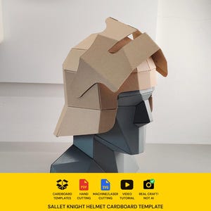 May include: A tan cardboard sallet knight helmet model resting on a dark grey geometric mannequin head. The helmet features a visor and neck guard. Below the image, text reads: Cardboard Templates, PDF, SVG, Hand Cutting, Machine/Laser Cutting, Video Tutorial, Real Craft! Not AI, Sallet Knight Helmet Cardboard Template.