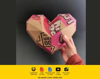 Plantilla de cartón para caja de regalo con forma de corazón o amor en 3D / Plano en formato SVG y PDF redimensionable para almacenamiento DIY