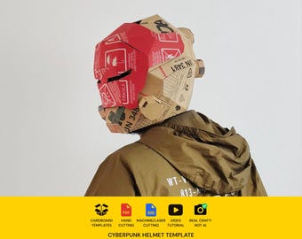 Kartonnen sjabloon DIY-plan. Gelede cyberpunkhelm. Schaalbaar pdf- en SVG-patroon
