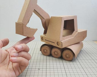 Cardboard cute excavator Template. DIY Printable Pattern for creating cute excavator that able to swivel from corrugated cardboard