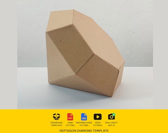 Molde de papelão em formato de diamante heptagonal | Projeto redimensionável em SVG e PDF para caixas de presente ou adereços DIY