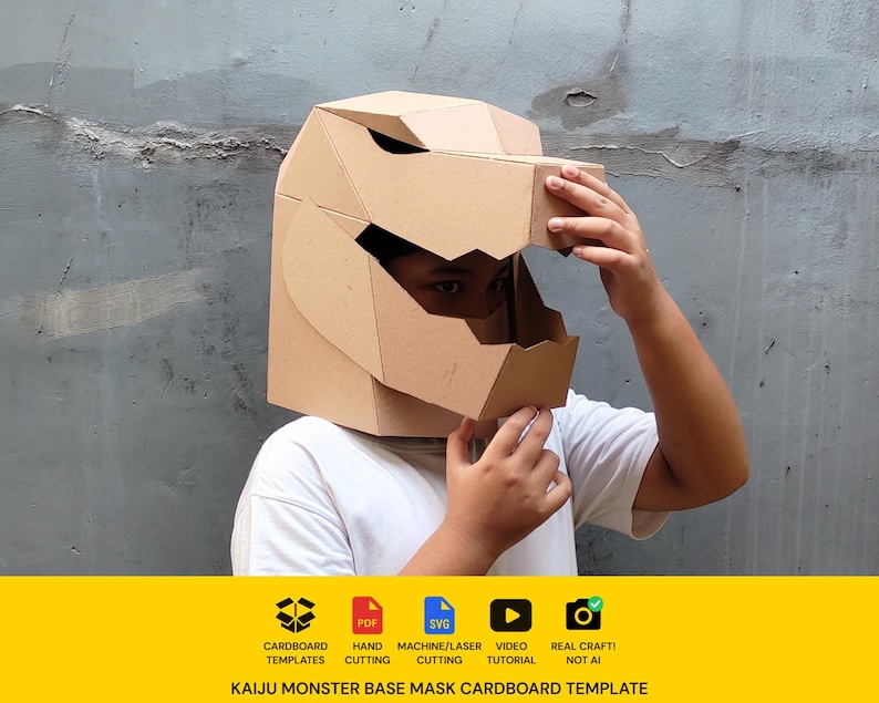 Kaiju Monster Head Mask Cardboard Template | DIY Dino or Dragon Costume Pattern | SVG PDF image 13