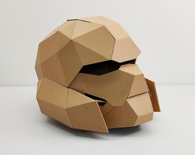 Cardboard sci-fi troop helmet with robotic skull face Template. DIY Printable Pattern for creating robot helmet from corrugated cardboard.