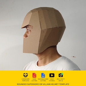 Superhero helmet or villain helmet cardboard craft template  worn by model