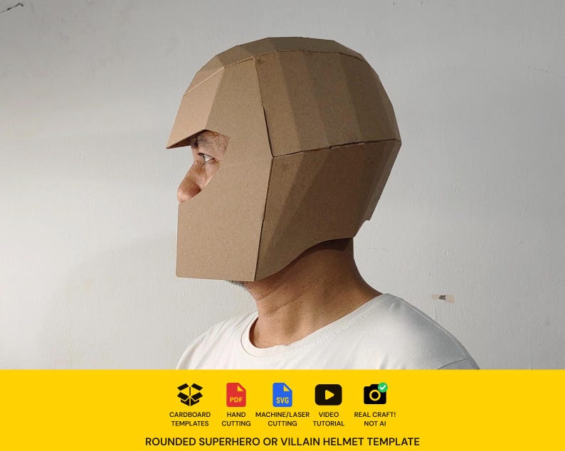 Superhero helmet or villain helmet cardboard craft template  worn by model
