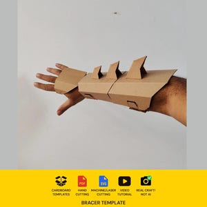 May include: A brown cardboard bracer template featuring three triangular fins along the forearm section. The design includes a hand piece and a forearm guard. Below the image, text indicates: Cardboard Templates, PDF, SVG, Hand Cutting, Machine/Laser Cutting, Video Tutorial, Real Craft! Not AI, Bracer Template.