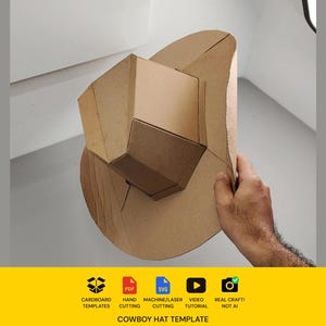 May include: A brown cardboard cowboy hat template featuring a geometric, faceted design. The bottom yellow banner displays icons for cardboard templates, PDF, SVG, hand cutting, machine/laser cutting, video tutorial, and real craft not AI.