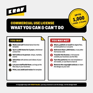 May include: A commercial use license infographic for KRAF Studio. It outlines permissions and restrictions for digital templates, including a 1,000 item and 2-year limit. The document features black, white, and yellow text with checkmarks and X icons.