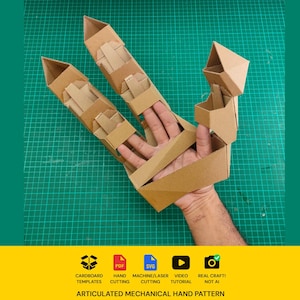 Articulated big mechanical hand cardbard craft template DIY plan. Scalable PDF and SVG Template