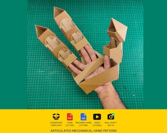 Articulated big mechanical hand cardbard craft template DIY plan. Scalable PDF and SVG Template