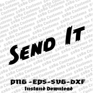Op de afbeelding: Zwart-wit grafisch ontwerp met de tekst "SEND IT" in een vet, gestileerd lettertype. Het ontwerp is op een witte achtergrond met een herhalend patroon van "5280 Customs".