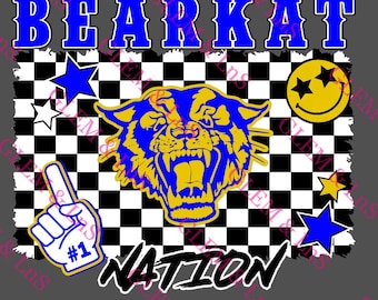 May include: A graphic design featuring the word "BEARKAT" in blue letters above a roaring tiger head. The design includes a checkered background, stars, a smiley face, and the word "NATION".