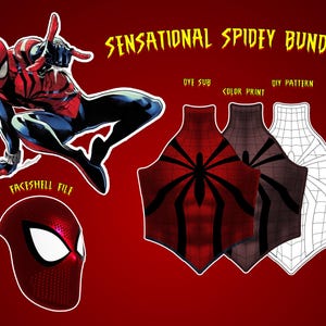May include: A bundle of Spider-Man themed designs on a red background. The image includes a full body illustration of Spider-Man, a faceshield file, and three apron-shaped designs labeled "Dye Sub", "Color Print", and "DIY Pattern". The text "SENSATIONAL SPIDEY BUNDLE" is at the top.