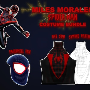 May include: A graphic featuring Miles Morales Spider-Man costume bundle elements. Includes a full-body illustration of the character, a face shell file, and sewing patterns. The text reads "Miles Morales Spider-Man Costume Bundle".