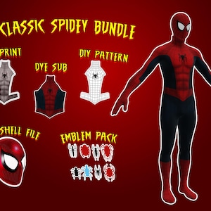 Puede incluir: Un conjunto de disfraz de Spider-Man rojo y negro con el texto "CLASSIC SPIDEY BUNDLE". El conjunto incluye un disfraz completo, un archivo de máscara facial, un paquete de emblemas y patrones de diseño etiquetados como "COLOR PRINT", "DYE SUB" y "DIY PATTERN".