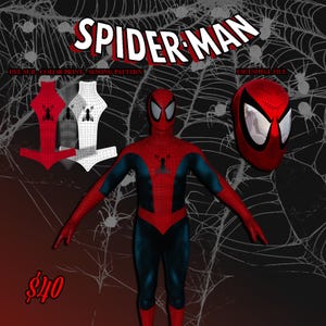 May include: A Spider-Man costume design featuring a red and blue bodysuit with a black spider emblem on the chest, a matching red mask with large white eye lenses, and a digital sewing pattern layout. The text reads SPIDER-MAN, DYE SUB, COLOR PRINT, SEWING PATTERN, and FACESHELL FILE.