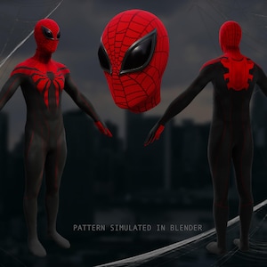 May include: A black and red superhero costume with a spider-like design. The costume features a full body suit, a separate mask, and a spider emblem on the chest and back. The text "PATTERN SIMULATED IN BLENDER" is visible.