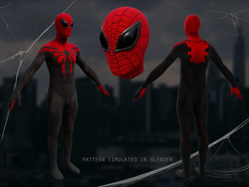 May include: A black and red superhero costume with a spider-like design. The costume features a full body suit, a separate mask, and a spider emblem on the chest and back. The text "PATTERN SIMULATED IN BLENDER" is visible.