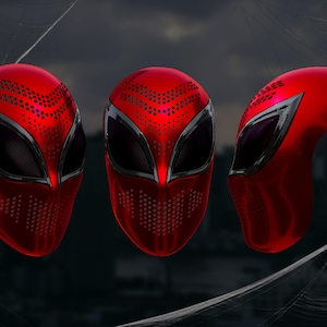 May include: Three red superhero masks with black eye coverings and a perforated pattern. The masks have a metallic sheen and are displayed against a blurred cityscape background.