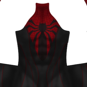 May include: Black and red superhero costume with a spider-web design. The costume features a high collar and a large spider emblem on the chest. Red lines accent the black fabric, creating a dynamic look.