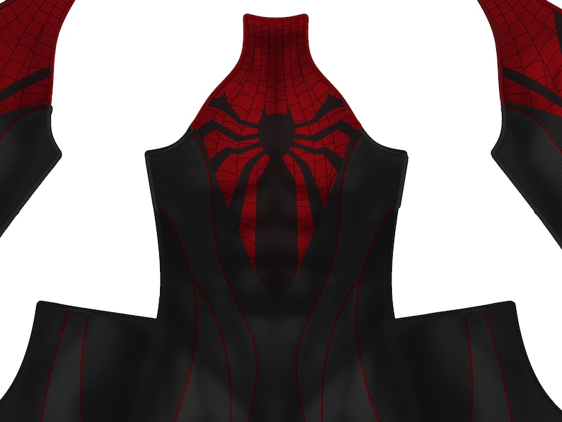 May include: Black and red superhero costume with a spider-web design. The costume features a high collar and a large spider emblem on the chest. Red lines accent the black fabric, creating a dynamic look.