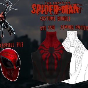 May include: A digital illustration of a Superior Spider-Man costume bundle. The image includes a red and black face shell file, a costume design, and a sewing pattern. The text "The Superior Spider-Man Costume Bundle Dye Sub Sewing Pattern" is displayed.