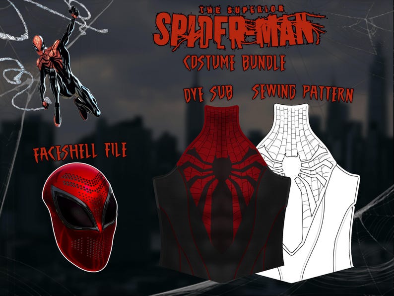 May include: A digital illustration of a Superior Spider-Man costume bundle. The image includes a red and black face shell file, a costume design, and a sewing pattern. The text "The Superior Spider-Man Costume Bundle Dye Sub Sewing Pattern" is displayed.