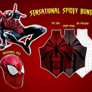 May include: A red and black Spider-Man illustration with a faceshield file and three apron designs. The text "SENSATIONAL SPIDEY BUNDLE" is displayed in yellow. The apron designs include dye sub, color print, and DIY pattern options.