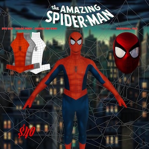 Puede incluir: Un archivo de diseño digital para The Amazing Spider-Man que incluye un traje de cuerpo completo en rojo y azul con un emblema de araña negro, una máscara roja separada con lentes oculares blancos y un patrón de costura con impresión.
