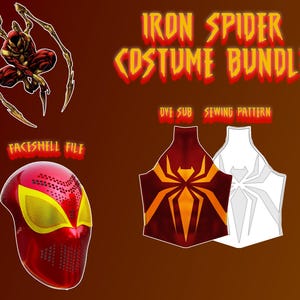 May include: An Iron Spider Costume Bundle graphic with a red and yellow face shell, a red and yellow spider-themed design, and a white spider-themed design. Text reads "Iron Spider Costume Bundle" and "Faceshell File".