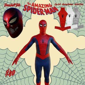 May include: A full-body Spider-Man costume featuring a red and blue colour scheme with a black spider emblem on the chest. The set includes a red textured faceshell, a digital file for the suit pattern, and three colour variations of the suit design.