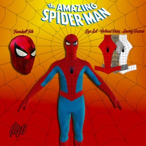 May include: A full-body red and blue Spider-Man costume with a black spider emblem on the chest, a matching red mask with white eye lenses, and a separate red faceshell file, all set against a yellow and red spiderweb background graphic.