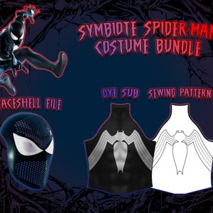 May include: A Symbiote Spider-Man Costume Bundle graphic with a black and white Spider-Man illustration. The bundle includes a faceshell file, dye sub, and sewing pattern. The text "Symbiote Spider-Man Costume Bundle" is in red.