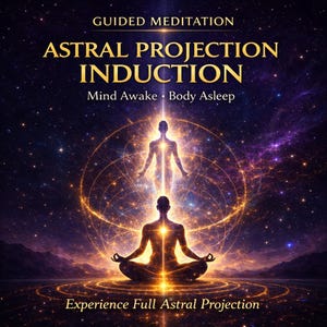 Könnte beinhalten: Digitales Kunstwerk, das eine Person zeigt, die mit einer leuchtenden Aura meditiert, mit dem Text "Guided Meditation Astral Projection Induction". Eine zweite Figur schwebt über der meditierenden Person, vor einem kosmischen Hintergrund.