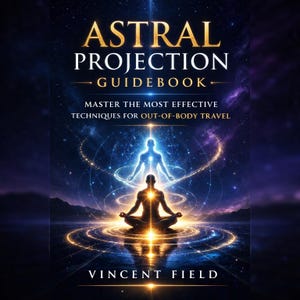 Puede incluir: Portada del libro "Astral Projection Guidebook" con letras doradas. La imagen presenta una figura meditando con un aura brillante y una segunda figura encima. El fondo es un cielo estrellado con patrones de luz arremolinados.