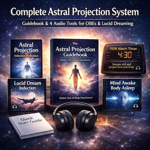 May include: A complete astral projection system with a guidebook, audio tools, and a REM alarm timer. The image features a book titled "The Astral Projection Guidebook", four audio tools, a pair of headphones, and a quick start guide. The text on the alarm clock reads 4:30.
