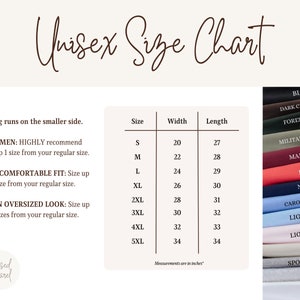 Puede incluir: Tabla de tallas unisex con medidas en pulgadas para camisetas de varios colores, incluyendo negro, chocolate oscuro, verde bosque, verde militar, granate, rojo, azul marino, azul Carolina, azul claro, rosa claro, arena, gris deportivo, ceniza y blanco.