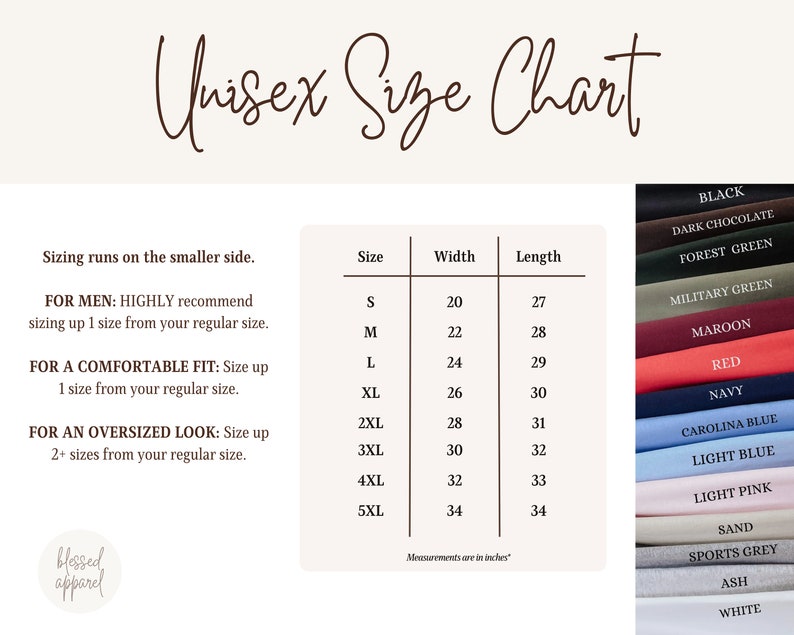 Puede incluir: Tabla de tallas unisex con medidas en pulgadas para camisetas de varios colores, incluyendo negro, chocolate oscuro, verde bosque, verde militar, granate, rojo, azul marino, azul Carolina, azul claro, rosa claro, arena, gris deportivo, ceniza y blanco.