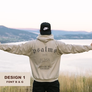 K&ouml;nnte beinhalten: Ein beiger Hoodie mit einem schwarzen Nike-Logo auf der Kapuze und den Worten "psalms" und "LXII:11" auf der R&uuml;ckseite. Der Text lautet "Truly he is my rock and my salvation; he is my fortress. I will never be shaken."