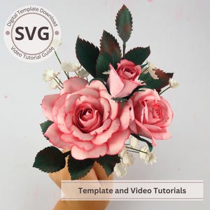 Rose di carta, boccioli di rosa e foglie, modello digitale / SVG / Tutorial video / Fai da te con carta / Cricut / Bouquet di carta 3D / Facile